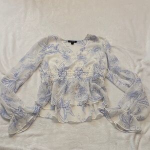 Express Blue Floral Chiffon Smocked Crop Top | XS